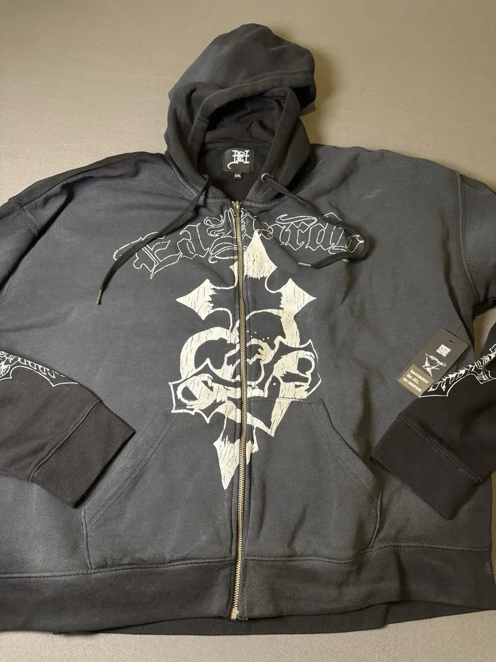 Ed Hardy XXL CROSS BOXY ZIP HOODIE, Color: Sunfaded Black, Style# EHM1303-17